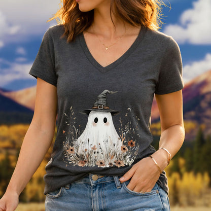 Boho Floral Ghost Witch V-Neck Tee