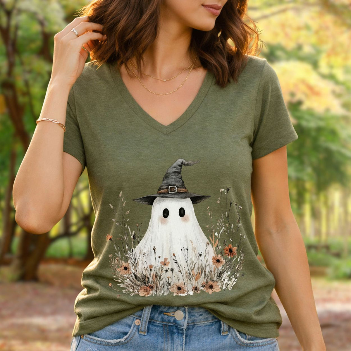 Boho Floral Ghost Witch V-Neck Tee