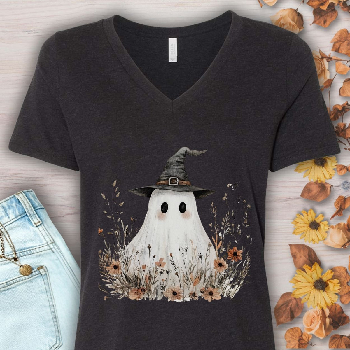 Boho Floral Ghost Witch V-Neck Tee