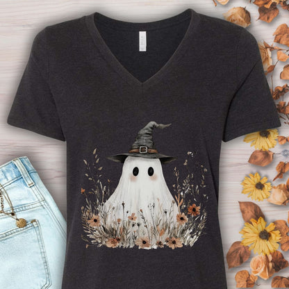 Boho Floral Ghost Witch V-Neck Tee