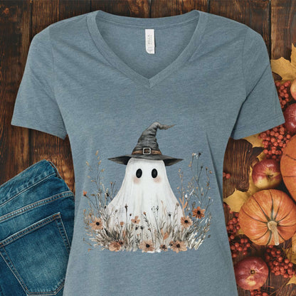 Boho Floral Ghost Witch V-Neck Tee