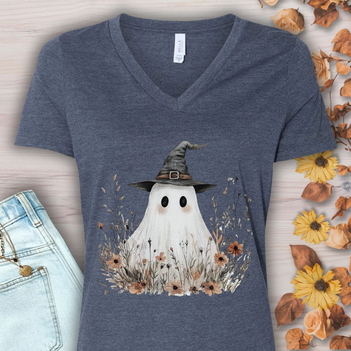 Boho Floral Ghost Witch V-Neck Tee
