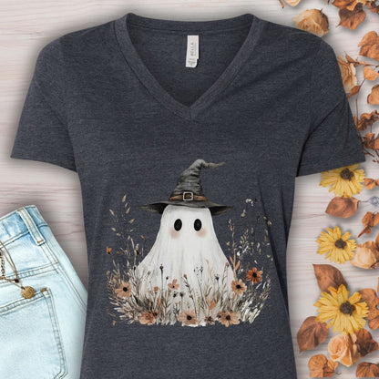 Boho Floral Ghost Witch V-Neck Tee