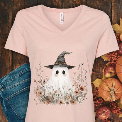 Boho Floral Ghost Witch V-Neck Tee