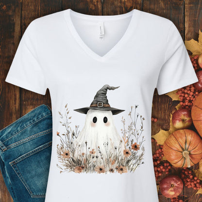 Boho Floral Ghost Witch V-Neck Tee
