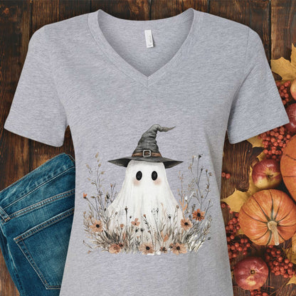 Boho Floral Ghost Witch V-Neck Tee