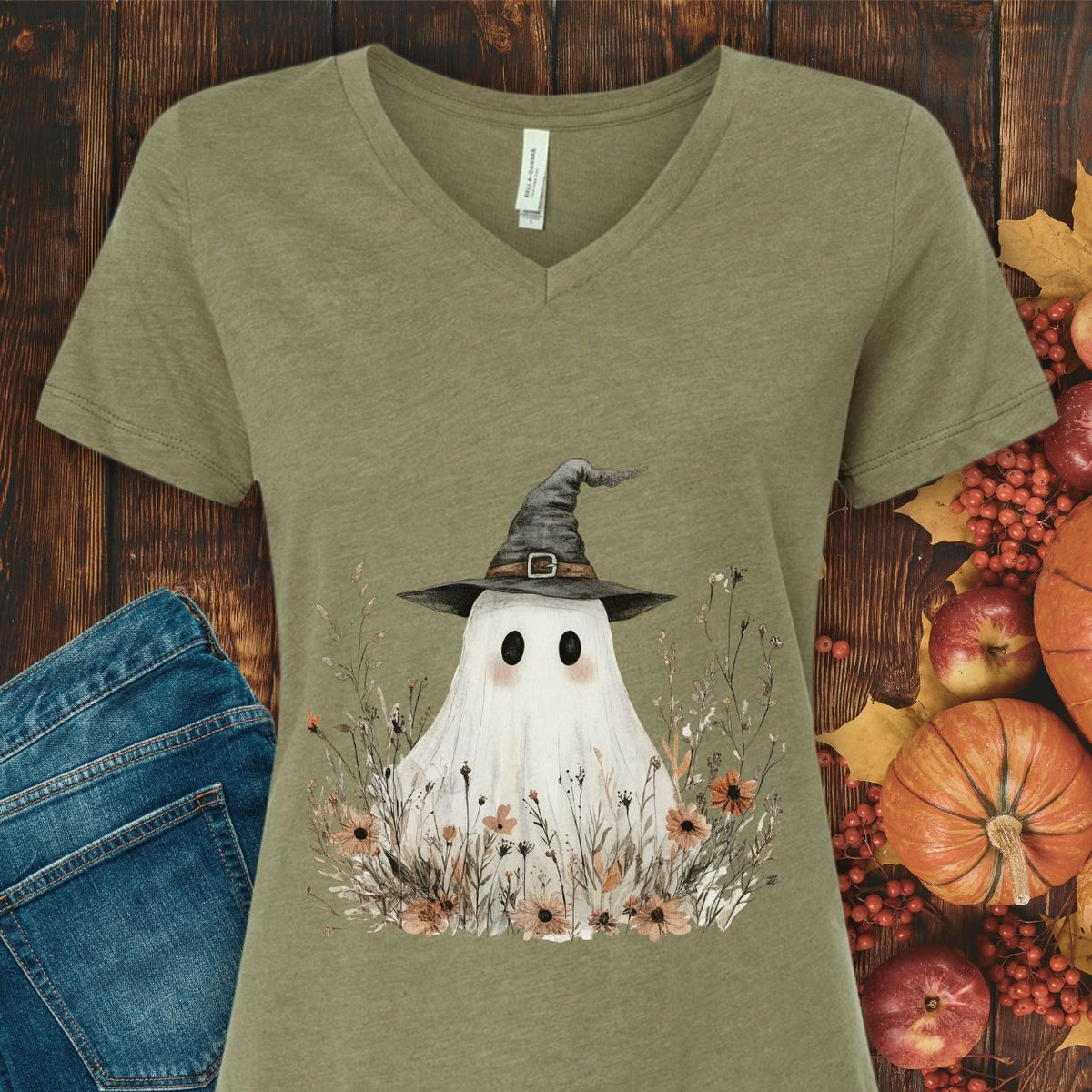 Boho Floral Ghost Witch V-Neck Tee
