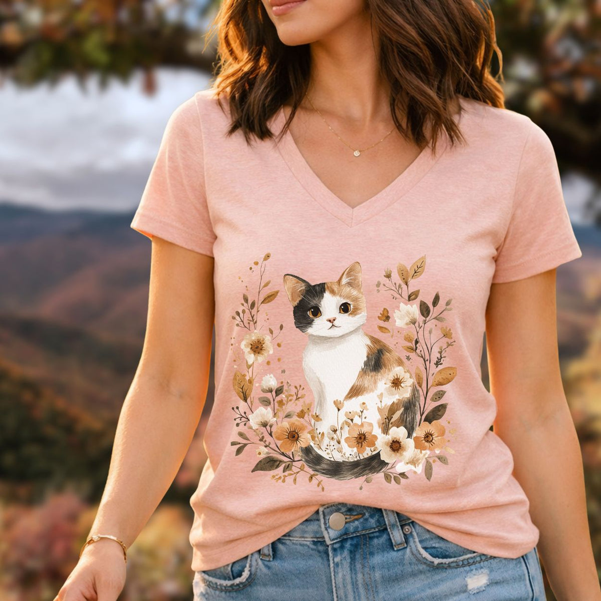 Autumn Calico Cat & Wildflowers V-Neck Tee