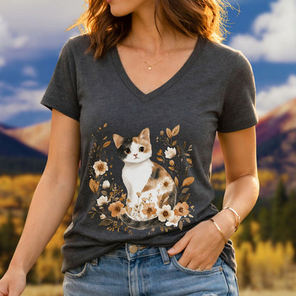 Autumn Calico Cat & Wildflowers V-Neck Tee