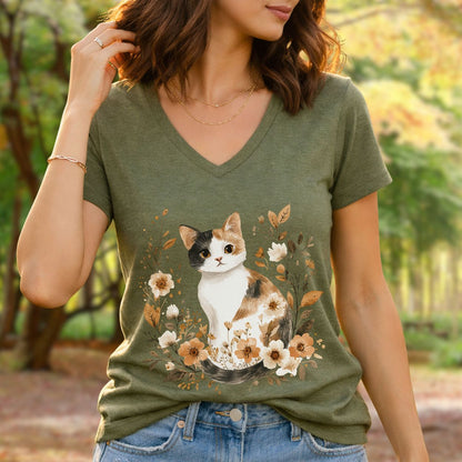 Autumn Calico Cat & Wildflowers V-Neck Tee