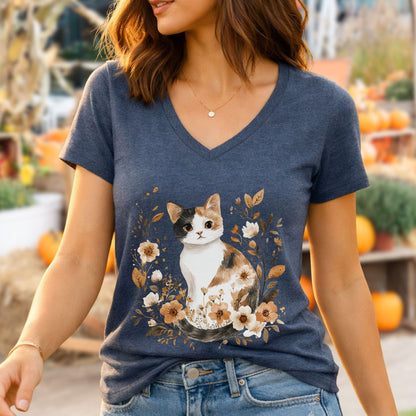 Autumn Calico Cat & Wildflowers V-Neck Tee
