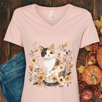Autumn Calico Cat & Wildflowers V-Neck Tee