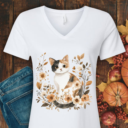 Autumn Calico Cat & Wildflowers V-Neck Tee