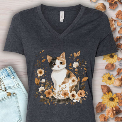 Autumn Calico Cat & Wildflowers V-Neck Tee