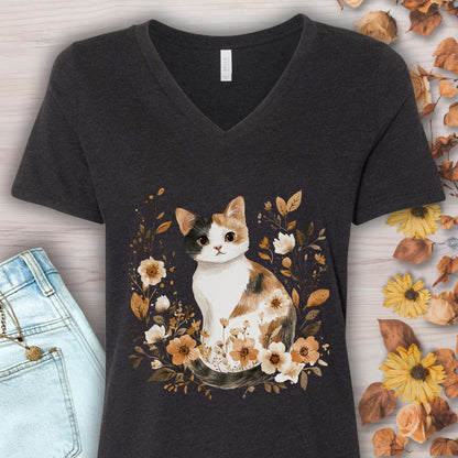 Autumn Calico Cat & Wildflowers V-Neck Tee