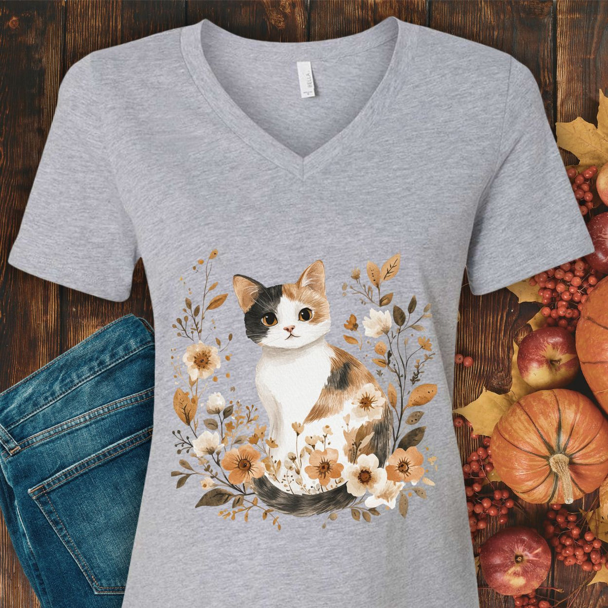 Autumn Calico Cat & Wildflowers V-Neck Tee