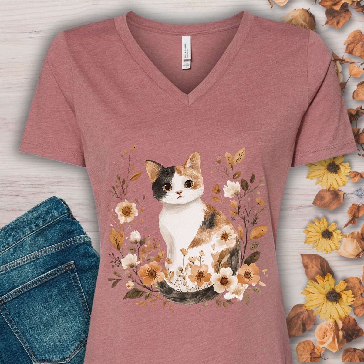 Autumn Calico Cat & Wildflowers V-Neck Tee