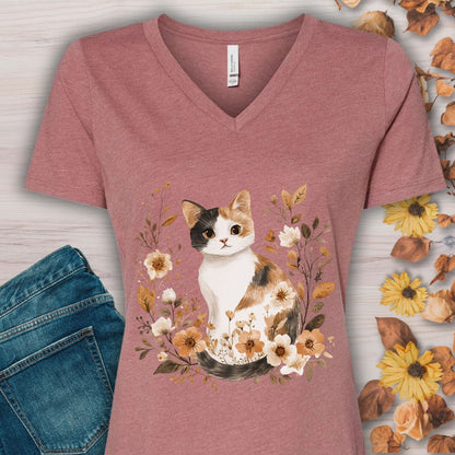 Autumn Calico Cat & Wildflowers V-Neck Tee