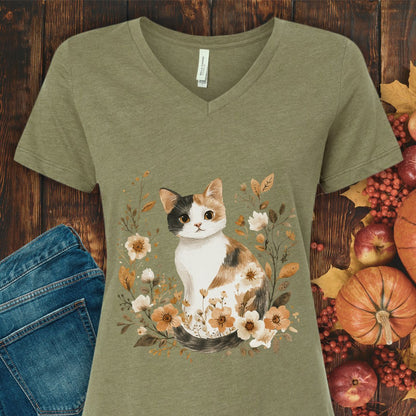 Autumn Calico Cat & Wildflowers V-Neck Tee
