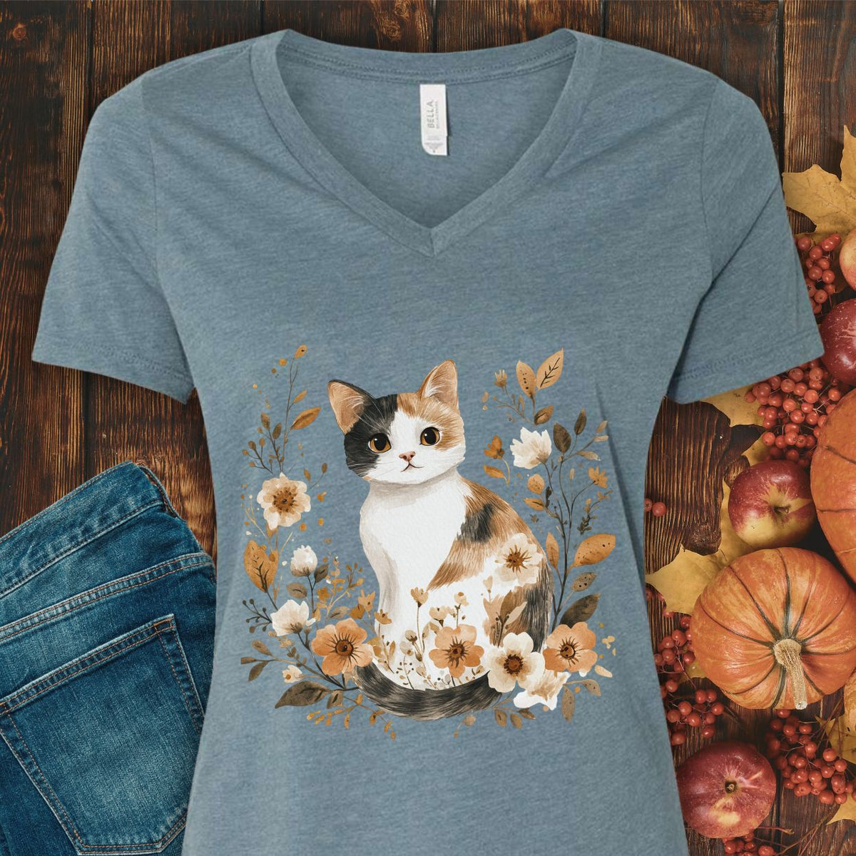 Autumn Calico Cat & Wildflowers V-Neck Tee
