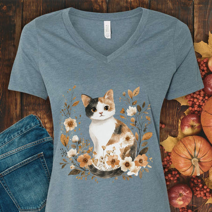 Autumn Calico Cat & Wildflowers V-Neck Tee