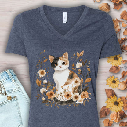 Autumn Calico Cat & Wildflowers V-Neck Tee