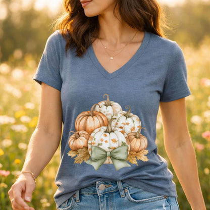 Pretty Pumpkin Bouquet with Bow V-Neck Tee