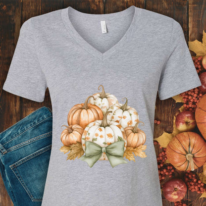 Pretty Pumpkin Bouquet with Bow V-Neck Tee