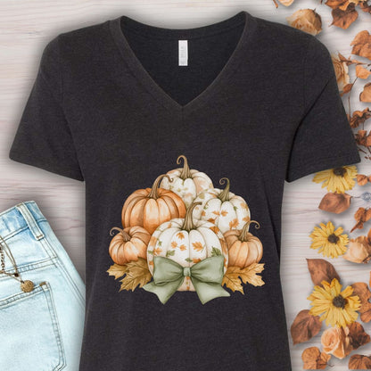 Pretty Pumpkin Bouquet with Bow V-Neck Tee