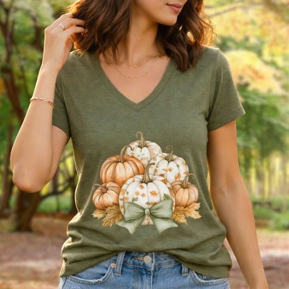 Pretty Pumpkin Bouquet with Bow V-Neck Tee