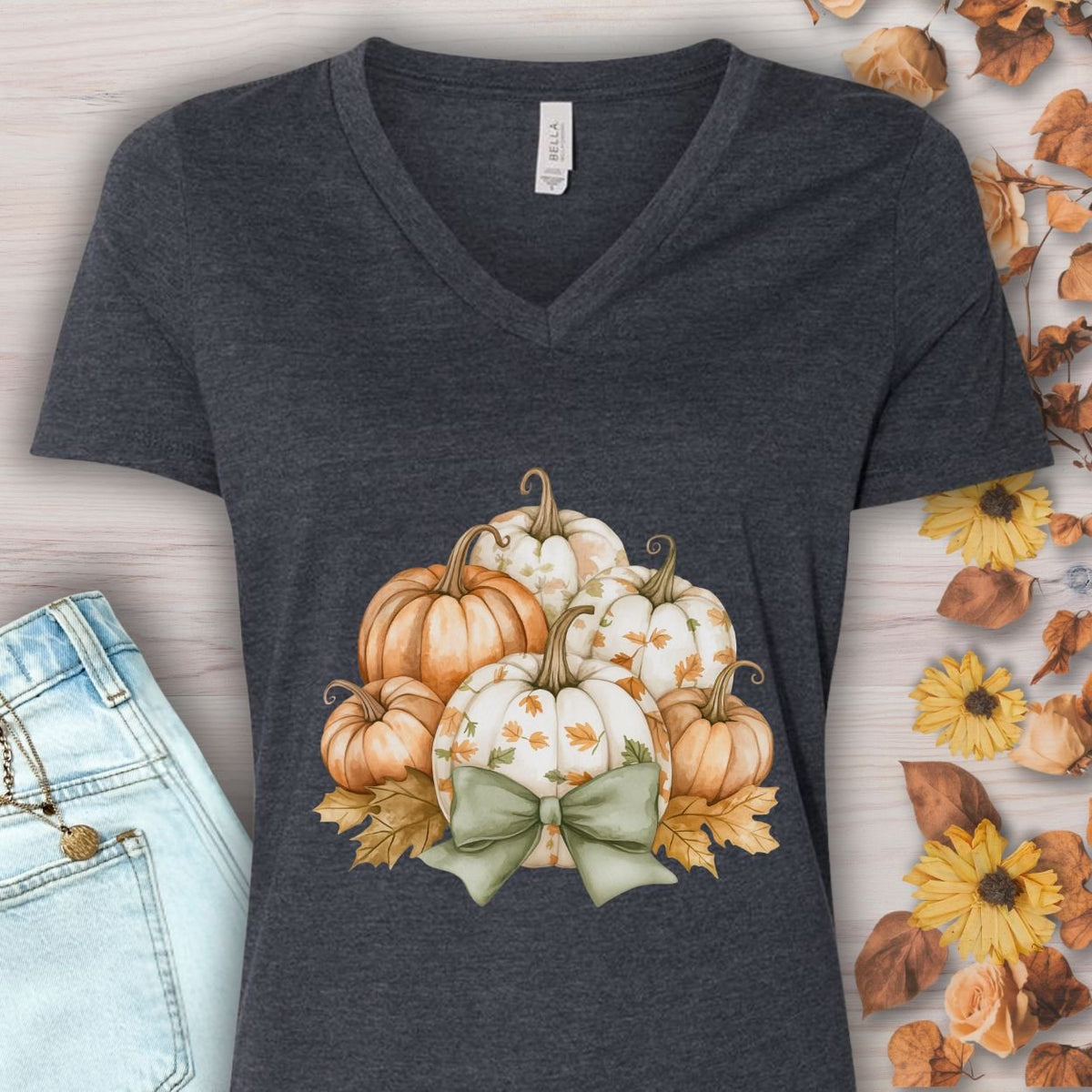 Pretty Pumpkin Bouquet with Bow V-Neck Tee