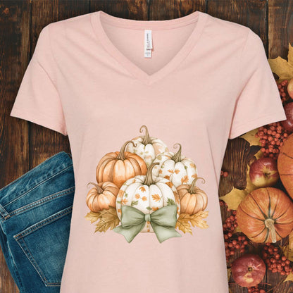 Pretty Pumpkin Bouquet with Bow V-Neck Tee