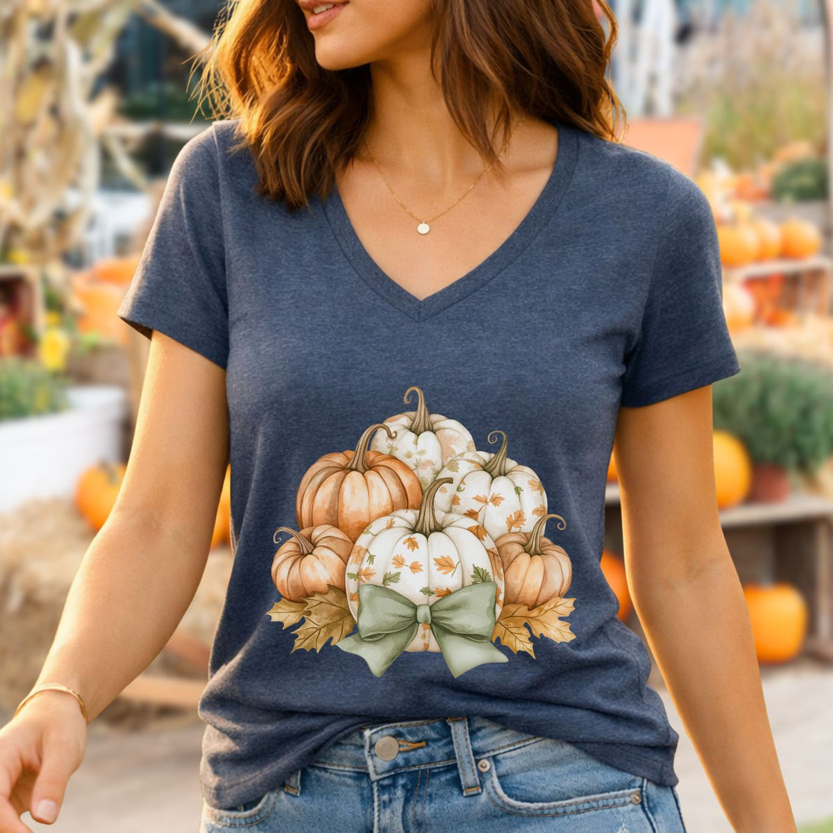 Pretty Pumpkin Bouquet with Bow V-Neck Tee