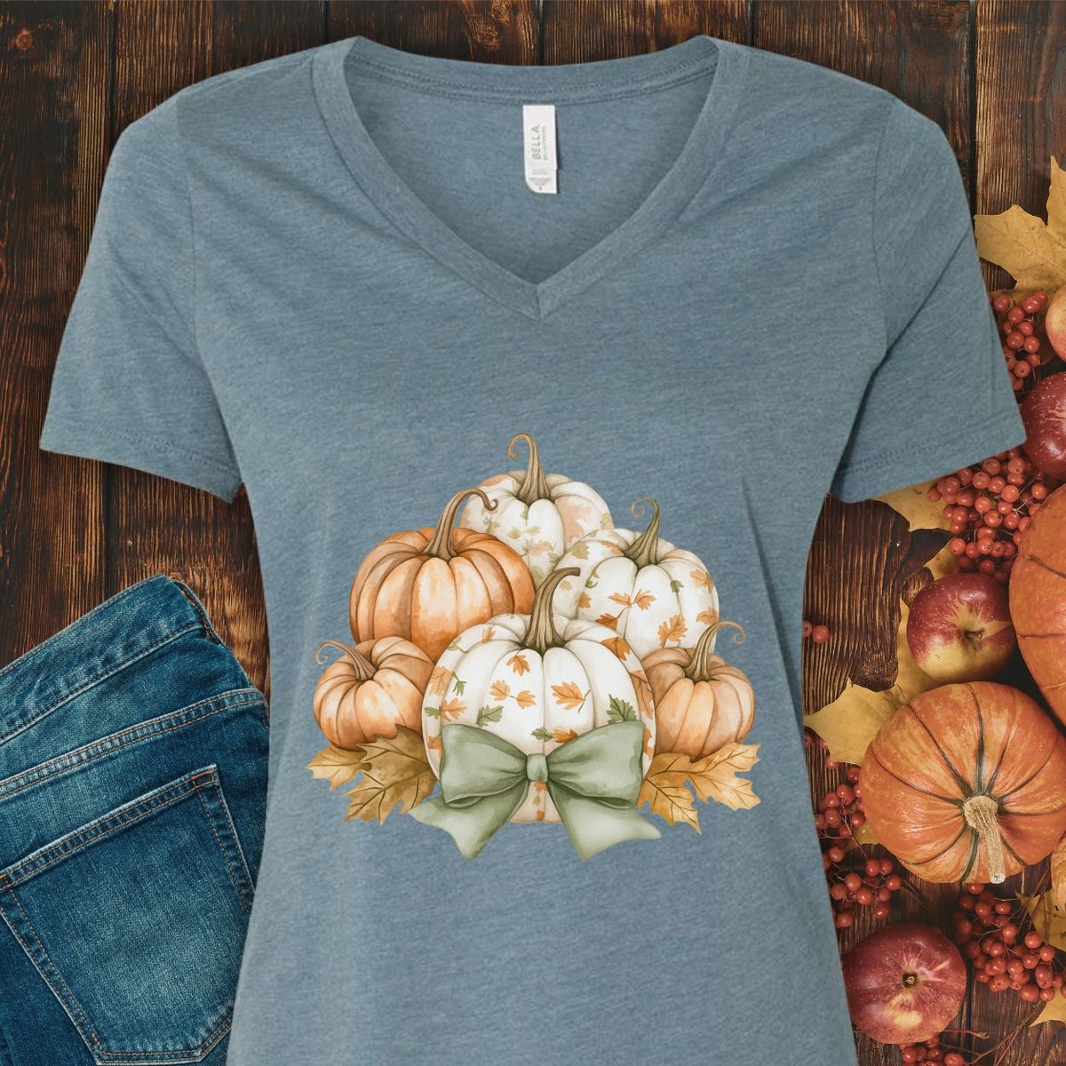 Pretty Pumpkin Bouquet with Bow V-Neck Tee