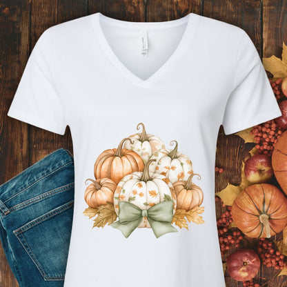 Pretty Pumpkin Bouquet with Bow V-Neck Tee