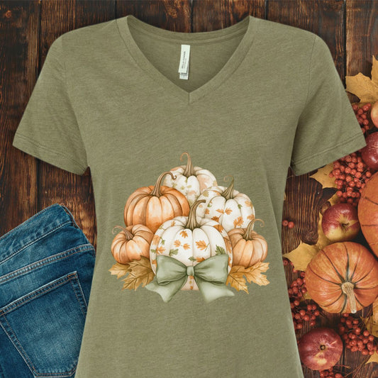 Pretty Pumpkin Bouquet with Bow V-Neck Tee