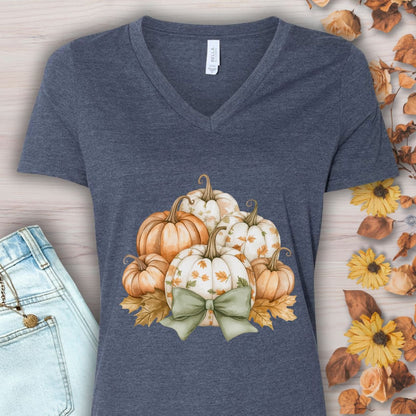 Pretty Pumpkin Bouquet with Bow V-Neck Tee