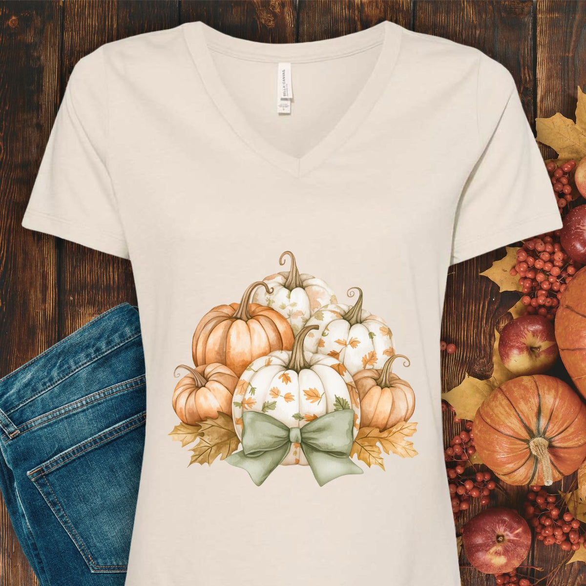 Pretty Pumpkin Bouquet with Bow V-Neck Tee