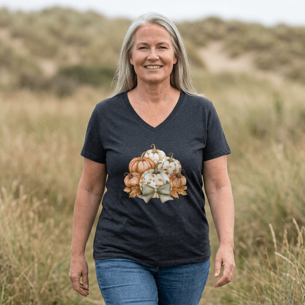 Pretty Pumpkin Bouquet with Bow V-Neck Tee