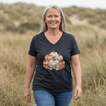 Pretty Pumpkin Bouquet with Bow V-Neck Tee
