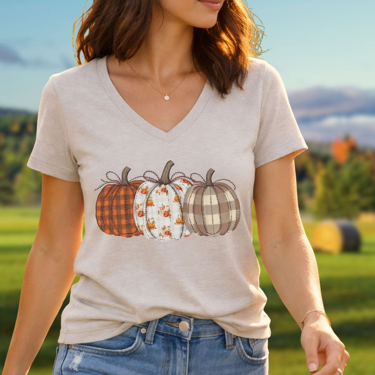 Rustic Fall Plaid Pumpkins V-Neck Tee