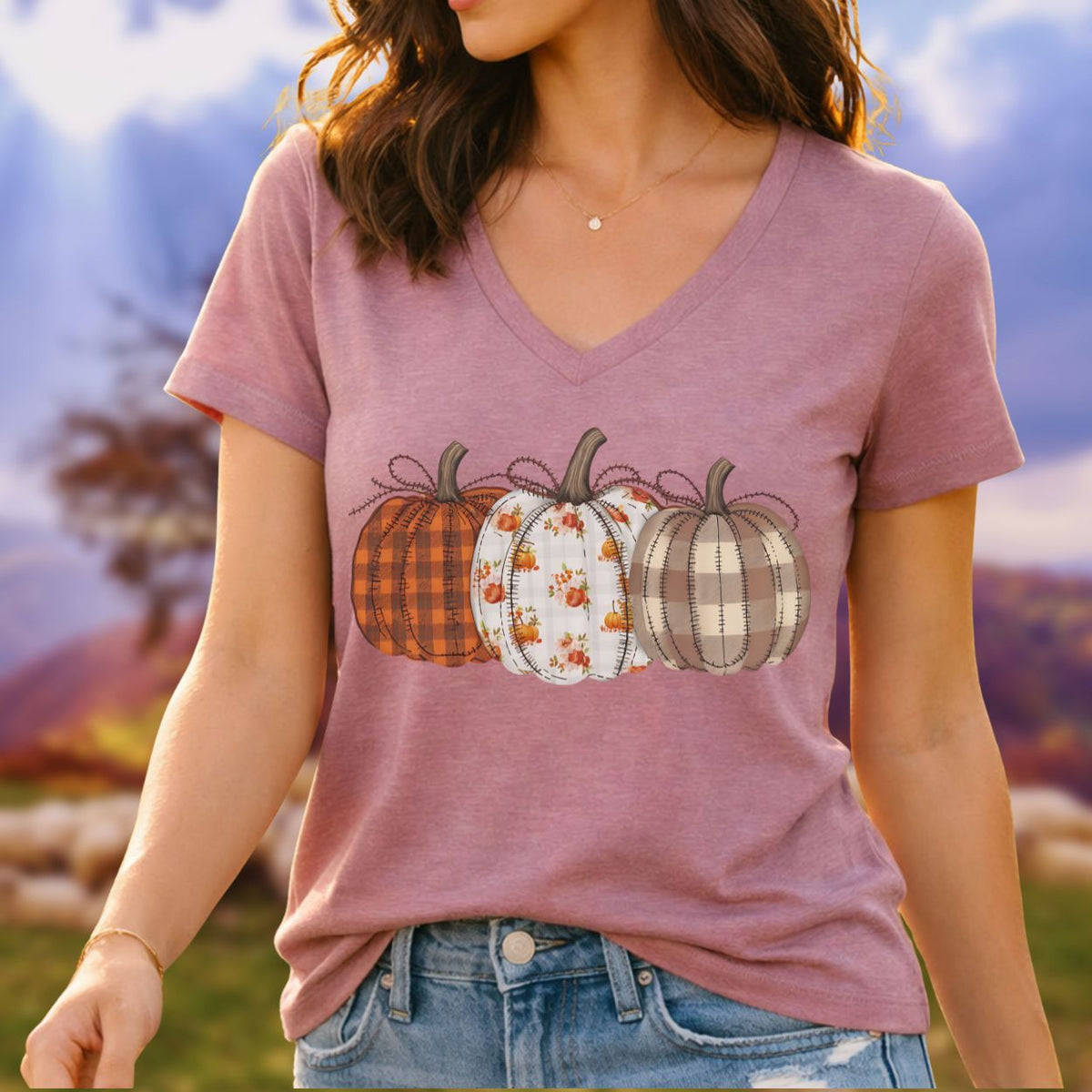 Rustic Fall Plaid Pumpkins V-Neck Tee