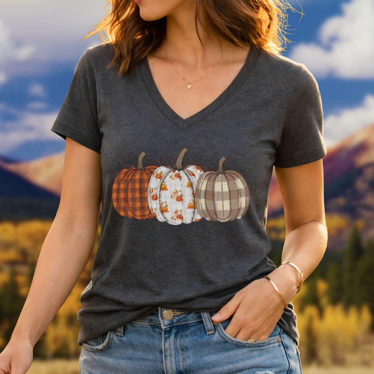 Rustic Fall Plaid Pumpkins V-Neck Tee