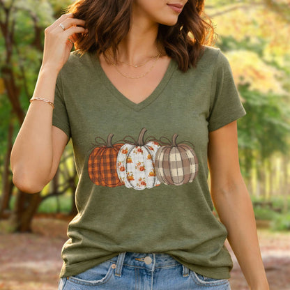 Rustic Fall Plaid Pumpkins V-Neck Tee