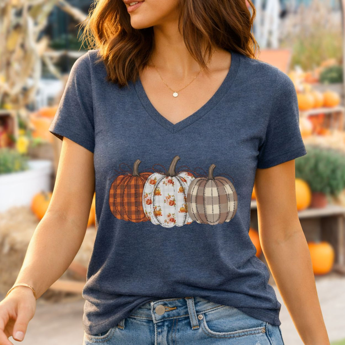 Rustic Fall Plaid Pumpkins V-Neck Tee