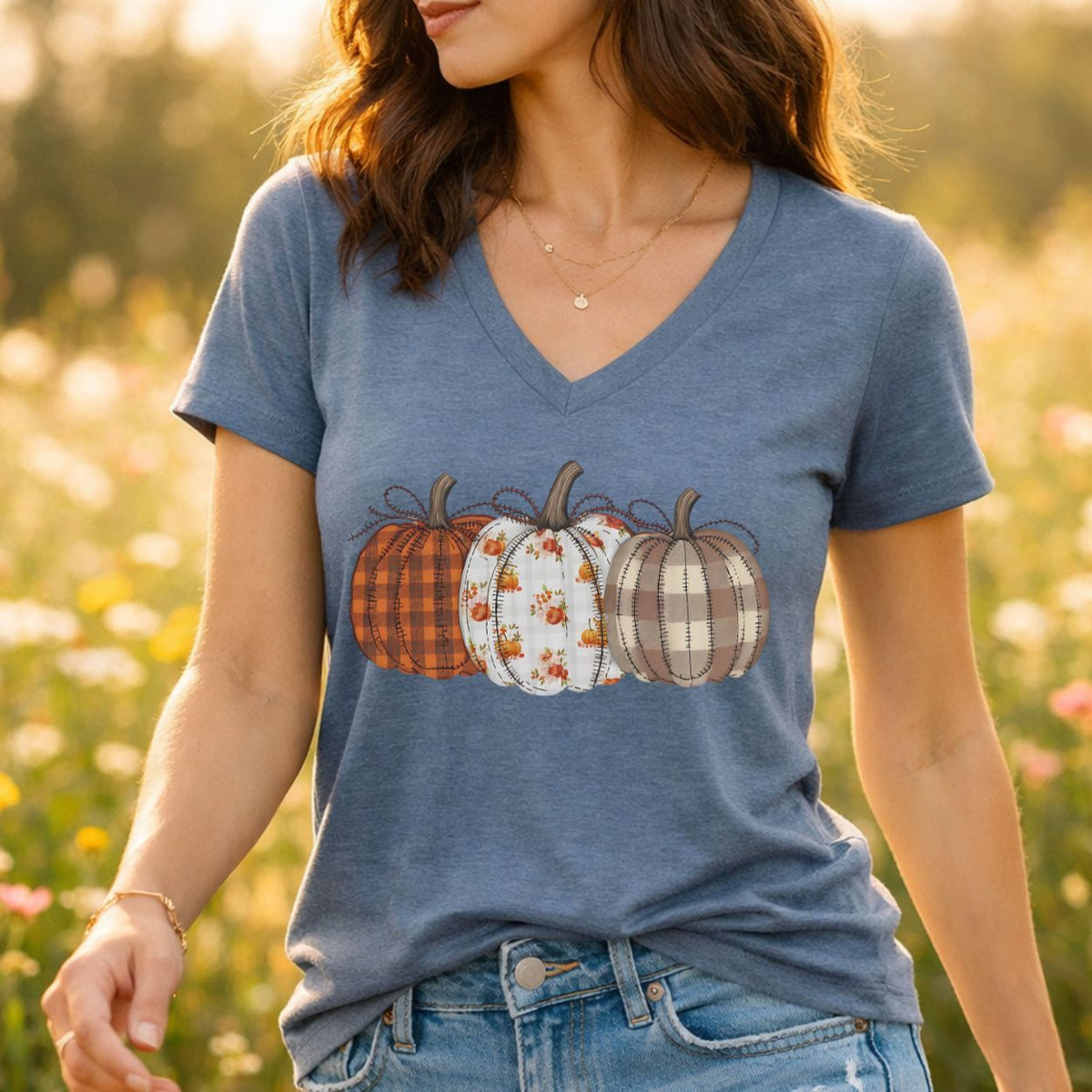 Rustic Fall Plaid Pumpkins V-Neck Tee