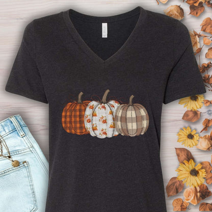 Rustic Fall Plaid Pumpkins V-Neck Tee