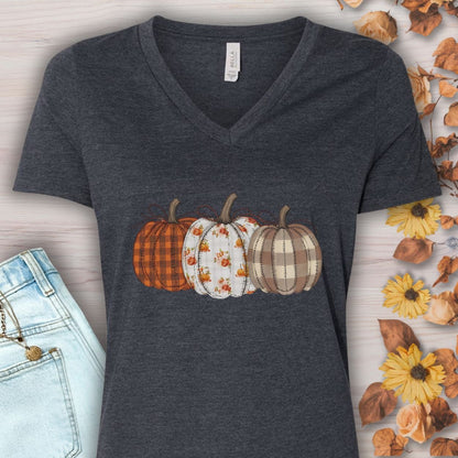 Rustic Fall Plaid Pumpkins V-Neck Tee