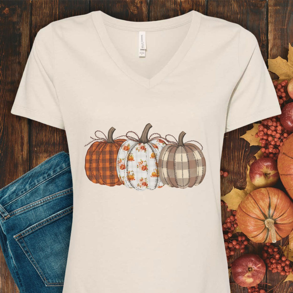 Rustic Fall Plaid Pumpkins V-Neck Tee