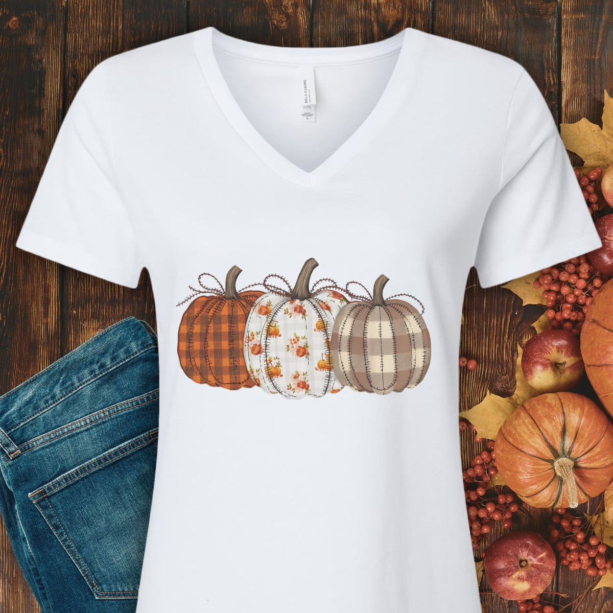Rustic Fall Plaid Pumpkins V-Neck Tee